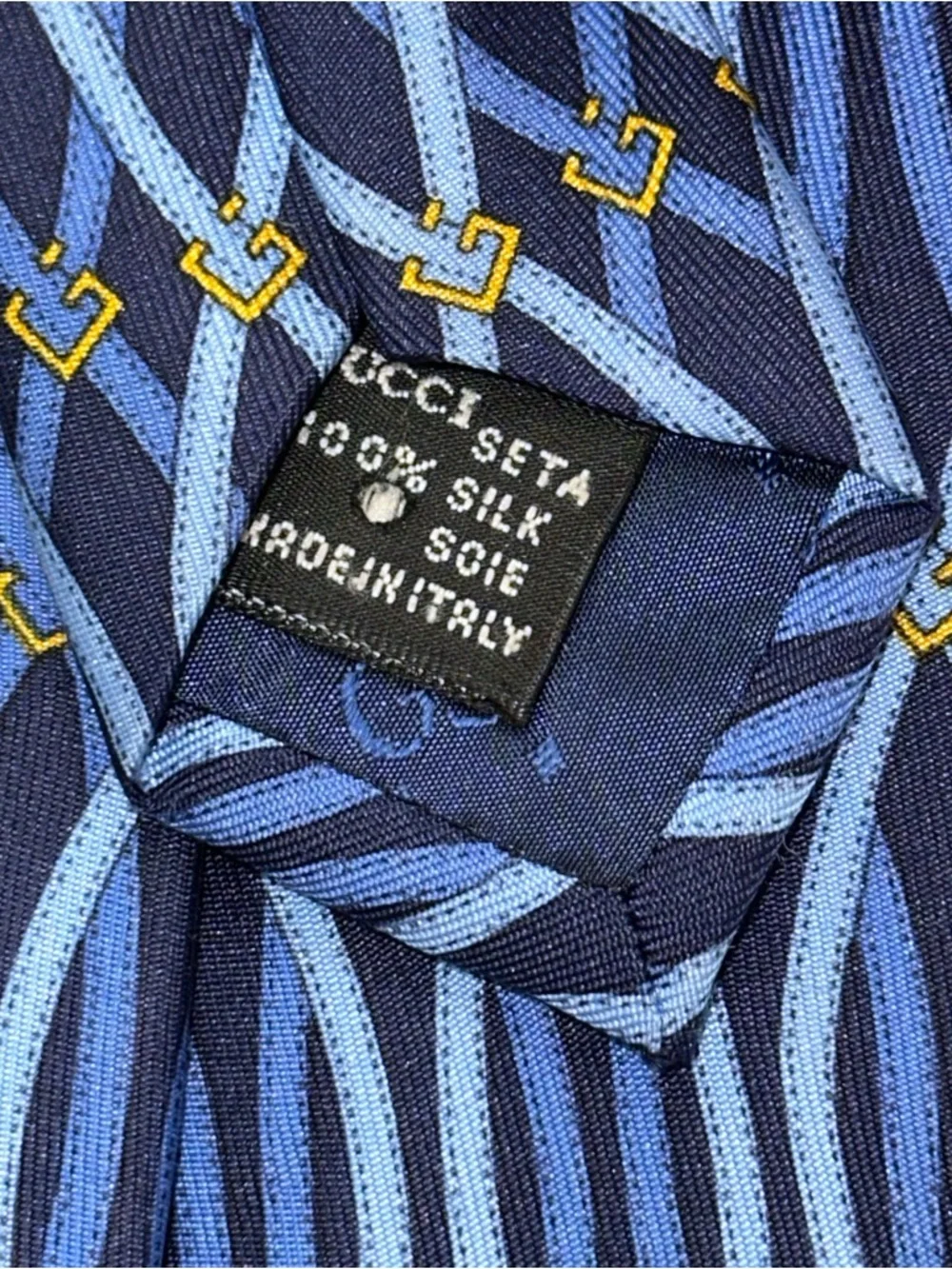 Gucci Navy Light Blue Gold G Logo Link Interlocking Print Silk Necktie Tie - Picture 9 of 12